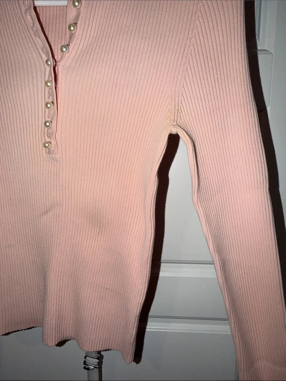Michael Kors Ribbed Henley Long Sleeve Top in Blush Pink